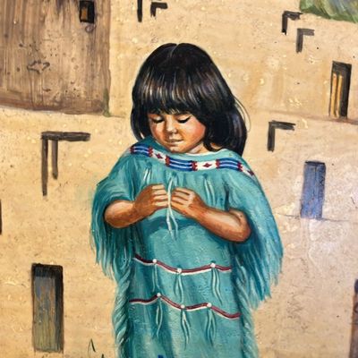 Original Marcia Abramsohn Verdi Antique Marble Painting - Pueblo Girl Southwest Art 15x16"