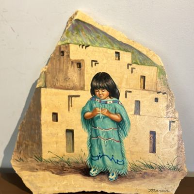 Original Marcia Abramsohn Verdi Antique Marble Painting - Pueblo Girl Southwest Art 15x16"