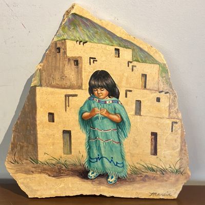 Original Marcia Abramsohn Verdi Antique Marble Painting - Pueblo Girl Southwest Art 15x16"