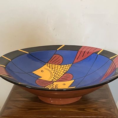 Vintage Large DH Pottery MCM Hand-Painted Terracotta Fish Centerpiece Bowl - 17" Diameter, 3 Fish
