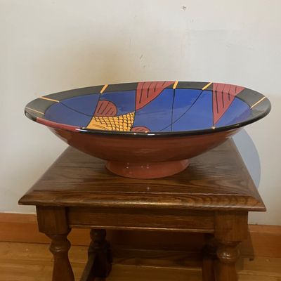 Vintage Large DH Pottery MCM Hand-Painted Terracotta Fish Centerpiece Bowl - 17" Diameter, 3 Fish