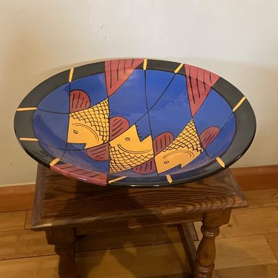 Vintage Large DH Pottery MCM Hand-Painted Terracotta Fish Centerpiece Bowl - 17" Diameter, 3 Fish