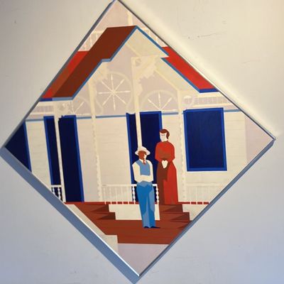 Signed 1969 Folk Art ‘Victoriana 4801’ by Gross – Large Diamond Porch Scene 34” Acrylic on Masonite