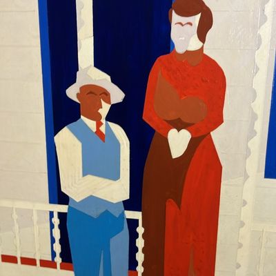 Signed 1969 Folk Art ‘Victoriana 4801’ by Gross – Large Diamond Porch Scene 34” Acrylic on Masonite