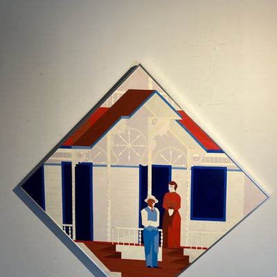 Signed 1969 Folk Art ‘Victoriana 4801’ by Gross – Large Diamond Porch Scene 34” Acrylic on Masonite