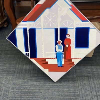 Signed 1969 Folk Art ‘Victoriana 4801’ by Gross – Large Diamond Porch Scene 34” Acrylic on Masonite