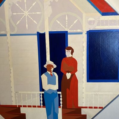 Signed 1969 Folk Art ‘Victoriana 4801’ by Gross – Large Diamond Porch Scene 34” Acrylic on Masonite