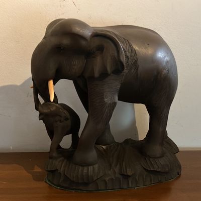 Large Hand-Carved Dark Suar Wood Mother & Baby Elephant Sculpture – 13" Detailed Balinese