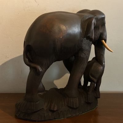 Large Hand-Carved Dark Suar Wood Mother & Baby Elephant Sculpture – 13" Detailed Balinese
