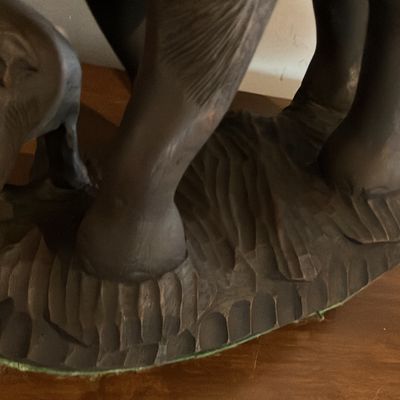 Large Hand-Carved Dark Suar Wood Mother & Baby Elephant Sculpture – 13" Detailed Balinese