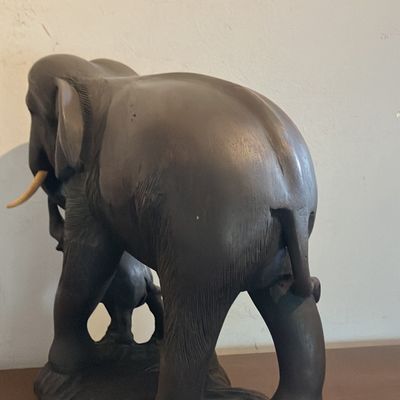 Large Hand-Carved Dark Suar Wood Mother & Baby Elephant Sculpture – 13" Detailed Balinese