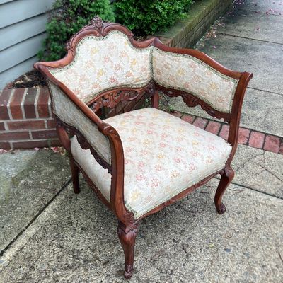 Elegant Victorian Louis XV Revival Carved Wood Bergère Armchair Floral Upholstery