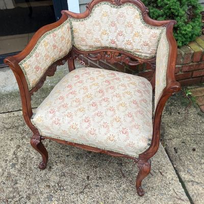 Elegant Victorian Louis XV Revival Carved Wood Bergère Armchair Floral Upholstery