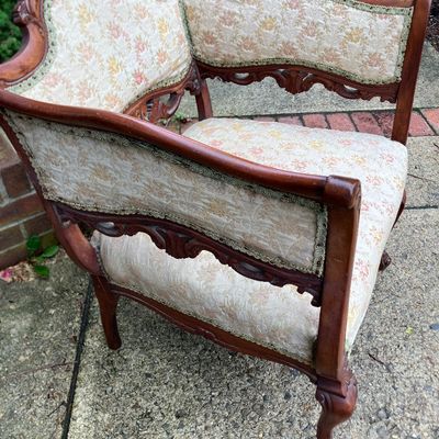 Elegant Victorian Louis XV Revival Carved Wood Bergère Armchair Floral Upholstery