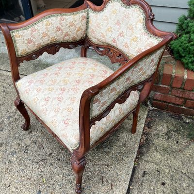Elegant Victorian Louis XV Revival Carved Wood Bergère Armchair Floral Upholstery