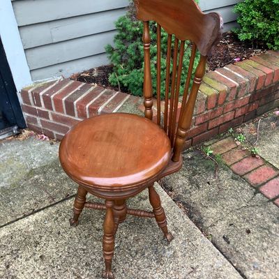 Antique Victorian Wooden Piano Chair Swivel Seat Spindle Back Claw Feet with Glass Balls