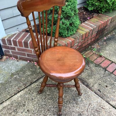 Antique Victorian Wooden Piano Chair Swivel Seat Spindle Back Claw Feet with Glass Balls