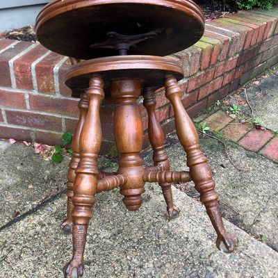 Antique Victorian Wooden Piano Chair Swivel Seat Spindle Back Claw Feet with Glass Balls