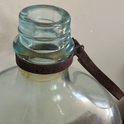 Large 16" Antique Cleveland Metal Products Co. Blue Aqua Glass lReservoir Jug w/ Bail Handle