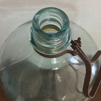 Large 16" Antique Cleveland Metal Products Co. Blue Aqua Glass lReservoir Jug w/ Bail Handle