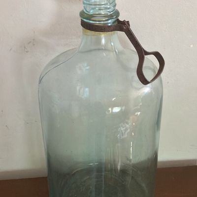 Large 16" Antique Cleveland Metal Products Co. Blue Aqua Glass lReservoir Jug w/ Bail Handle