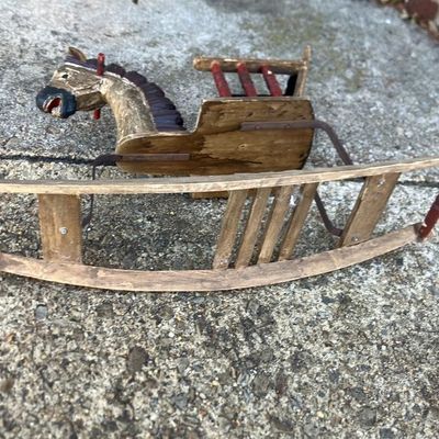 Vintage Hand-Painted Wooden Rocking Horse for Dolls & Teddy Bears - Primitive Folk Art Charm!
