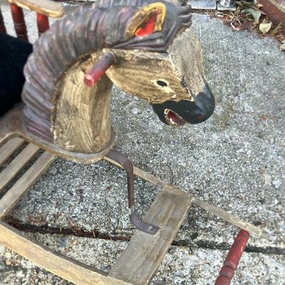 Vintage Hand-Painted Wooden Rocking Horse for Dolls & Teddy Bears - Primitive Folk Art Charm!