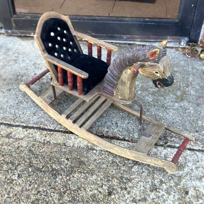 Vintage Hand-Painted Wooden Rocking Horse for Dolls & Teddy Bears - Primitive Folk Art Charm!