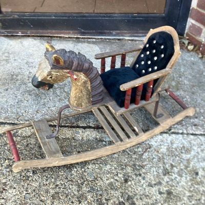 Vintage Hand-Painted Wooden Rocking Horse for Dolls & Teddy Bears - Primitive Folk Art Charm!