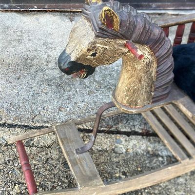 Vintage Hand-Painted Wooden Rocking Horse for Dolls & Teddy Bears - Primitive Folk Art Charm!