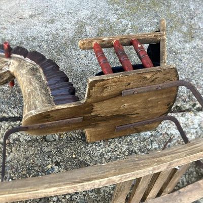 Vintage Hand-Painted Wooden Rocking Horse for Dolls & Teddy Bears - Primitive Folk Art Charm!