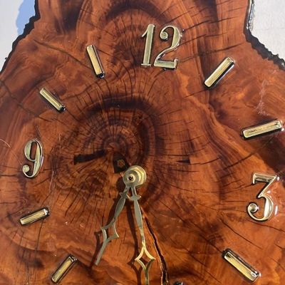 MCM Live Edge Burl Wood Wall Clock - Redwood/Cypress Slab, Running