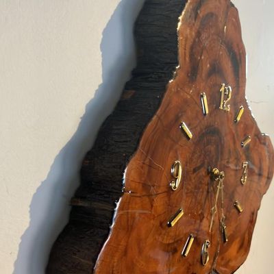 MCM Live Edge Burl Wood Wall Clock - Redwood/Cypress Slab, Running