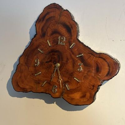 MCM Live Edge Burl Wood Wall Clock - Redwood/Cypress Slab, Running
