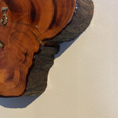 MCM Live Edge Burl Wood Wall Clock - Redwood/Cypress Slab, Running