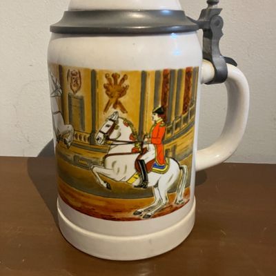 1991 AK Kaiser Porcelain Beer Stein Erbo Zinn Pewter Lid Vienna Austria Cavalry Horsemen