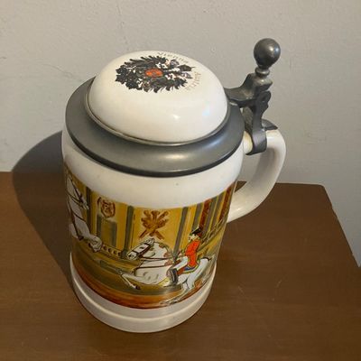 1991 AK Kaiser Porcelain Beer Stein Erbo Zinn Pewter Lid Vienna Austria Cavalry Horsemen