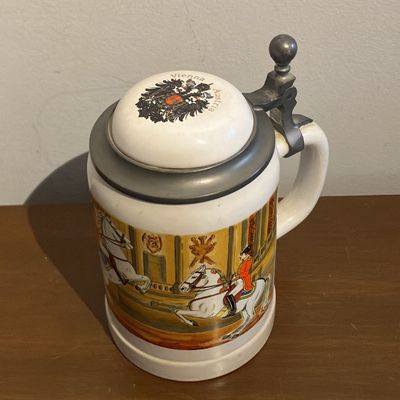 1991 AK Kaiser Porcelain Beer Stein Erbo Zinn Pewter Lid Vienna Austria Cavalry Horsemen