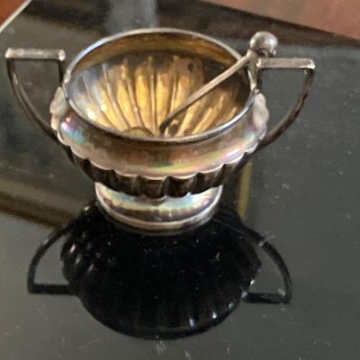 Antique Birmingham Sterling Silver Miniature Open Salt Cellar & Matching Spoon