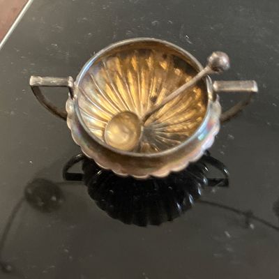 Antique Birmingham Sterling Silver Miniature Open Salt Cellar & Matching Spoon