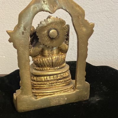 Vintage Handcrafted Brass Ganesha with Detailed Mouse Vahana | 4" Antique Patina Prabhavali Ganesh