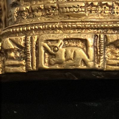 Vintage Handcrafted Brass Ganesha with Detailed Mouse Vahana | 4" Antique Patina Prabhavali Ganesh