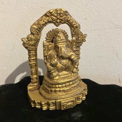 Vintage Handcrafted Brass Ganesha with Detailed Mouse Vahana | 4" Antique Patina Prabhavali Ganesh