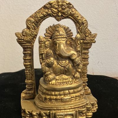 Vintage Handcrafted Brass Ganesha with Detailed Mouse Vahana | 4" Antique Patina Prabhavali Ganesh