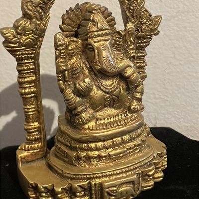 Vintage Handcrafted Brass Ganesha with Detailed Mouse Vahana | 4" Antique Patina Prabhavali Ganesh