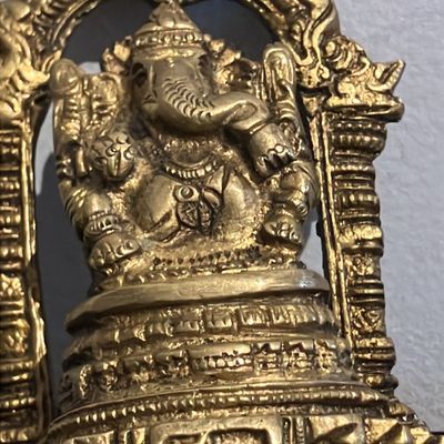 Vintage Handcrafted Brass Ganesha with Detailed Mouse Vahana | 4" Antique Patina Prabhavali Ganesh