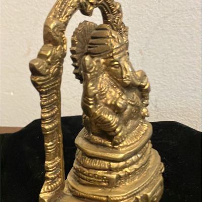 Vintage Handcrafted Brass Ganesha with Detailed Mouse Vahana | 4" Antique Patina Prabhavali Ganesh