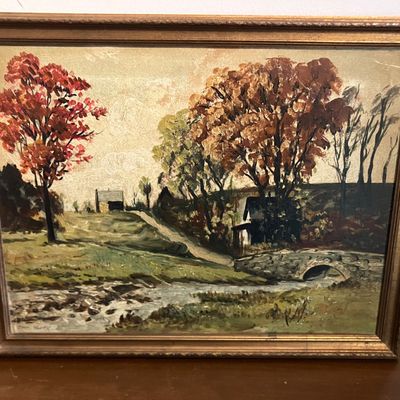 Paul A. Bloser Signed Oil on Cardboard Autumn Landscape Painting and Frame