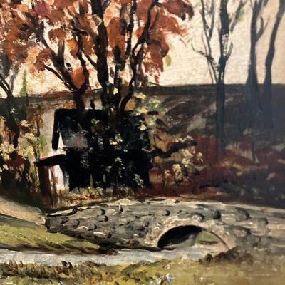 Paul A. Bloser Signed Oil on Cardboard Autumn Landscape Painting and Frame