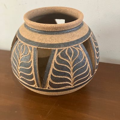 Studio Pottery Carved Leaf Cut-Out Vase | Terracotta Black Glaze Decorative Pot 5.5"
